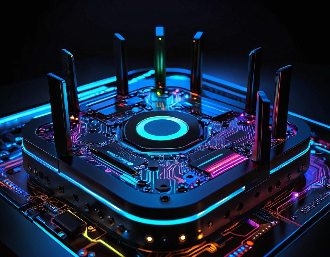 A sleek modern router with glowing LED lights, surrounded by gears and circuit board patterns that symbolize customization and technology. The background features a digital interface displaying OpenWrt firmware settings in vibrant colors. Include a visual representation of wireless signals emanating from the router to emphasize connectivity. The overall vibe should be tech-savvy and inviting. cyberpunk. vibrant colors. 3D.