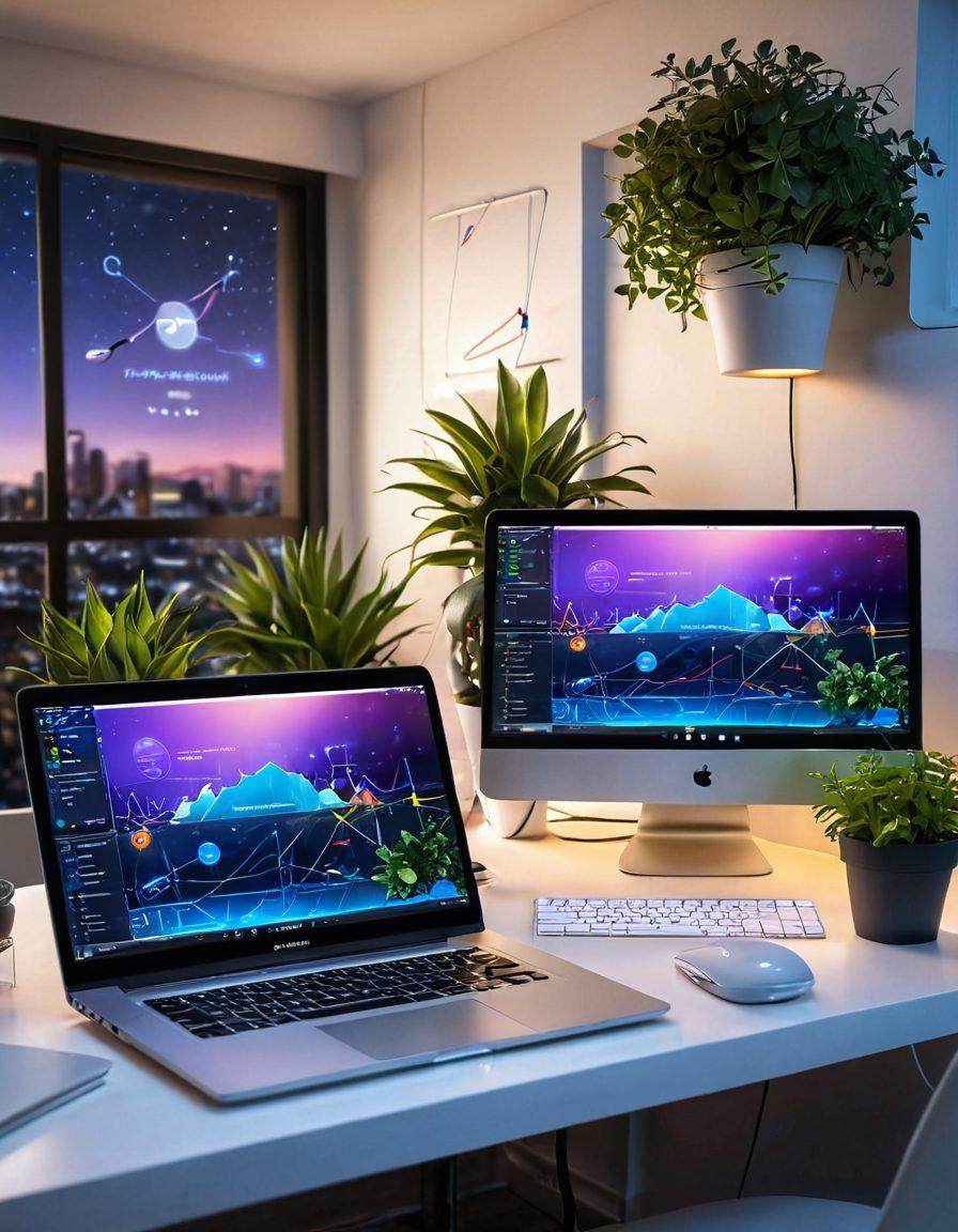 A futuristic home office scene featuring a sleek laptop displaying the OpenWrt interface, surrounded by wireless routers and networking devices. Include vibrant network graphs and digital interfaces glowing around the setup. The background should depict a modern, tech-savvy environment with plants and ambient lighting. super-realistic. vibrant colors. digital art.