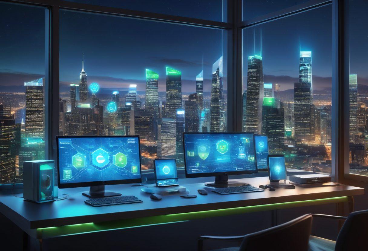 A digitally rendered scene featuring a futuristic home office with a sleek router at the center, surrounded by devices like laptops and smart gadgets, glowing with blue and green lights to signify a strong wireless connection. Overlaid icons of security shields and Wi-Fi signals illustrate best practices for setup and security. The background includes a high-tech cityscape visible through a window, symbolizing connectivity and innovation. super-realistic. vibrant colors. 3D.